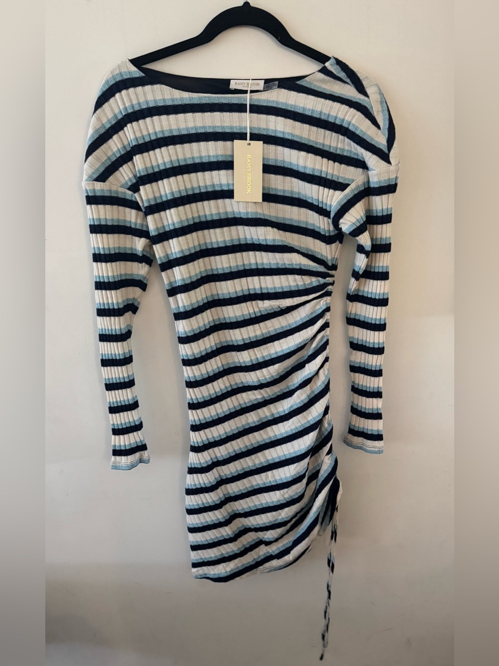NWT Ramy Brook Clam Ruched Striped Ribbed Knit Mini Dress Size Medium Blue White